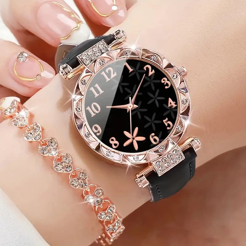 Women's Watch Set Luxury Flower Digital Dial Quartz New Black 2PCS Trendy Scale — image 3