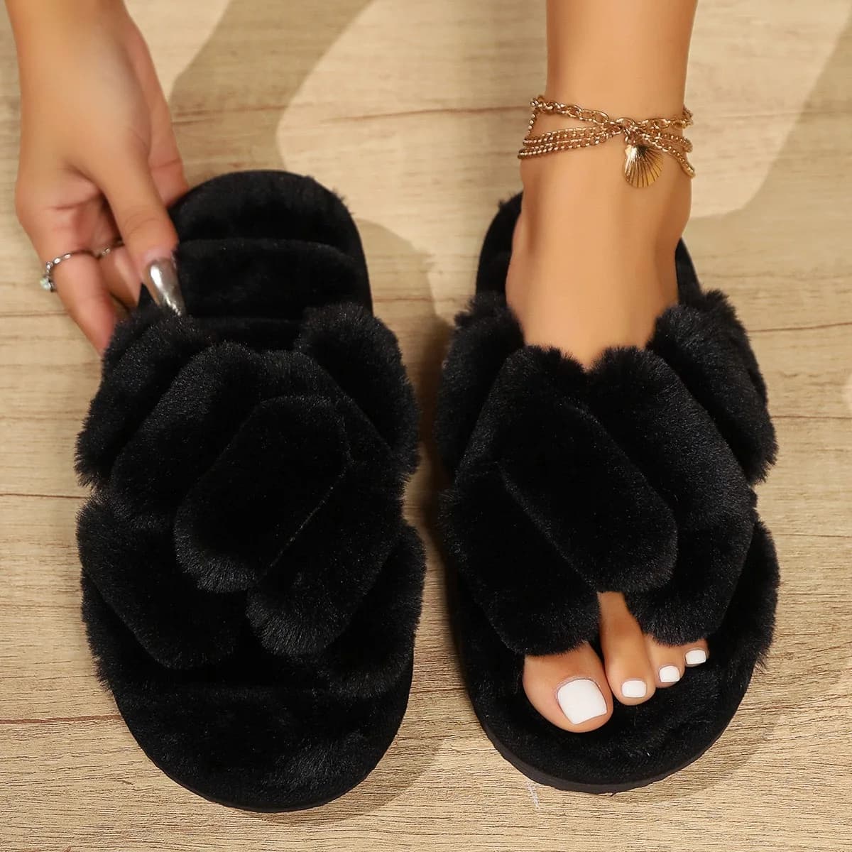 Women's Fluffy Cross Strap Fur Slippers Warm Plush Soft House Slippers — image 9