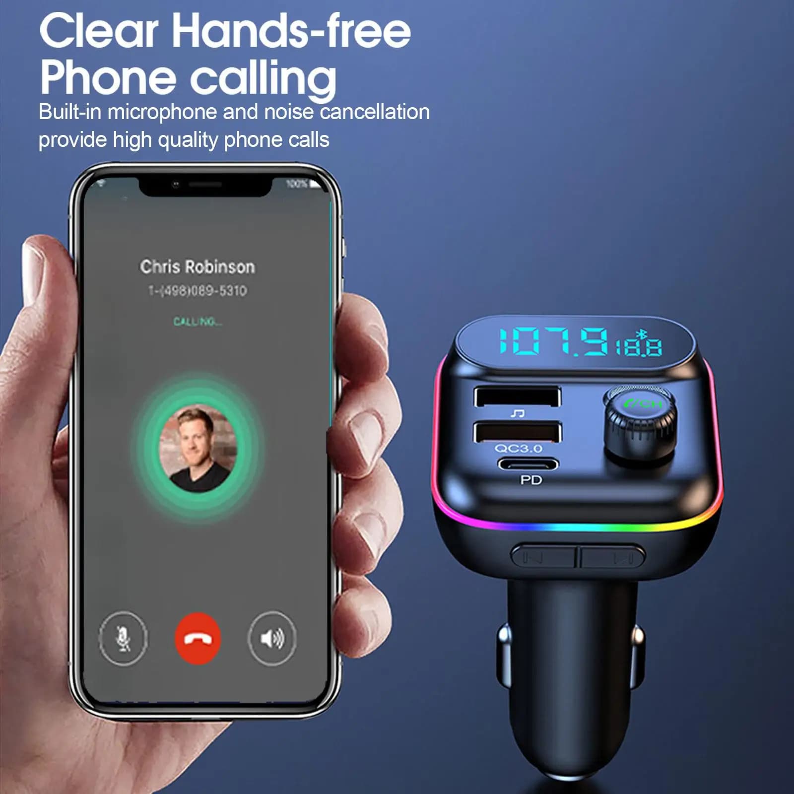 Bluetooth 5.0 FM Transmitter Car Charger Type-C QC3.0 USB Fast Charging — image 3