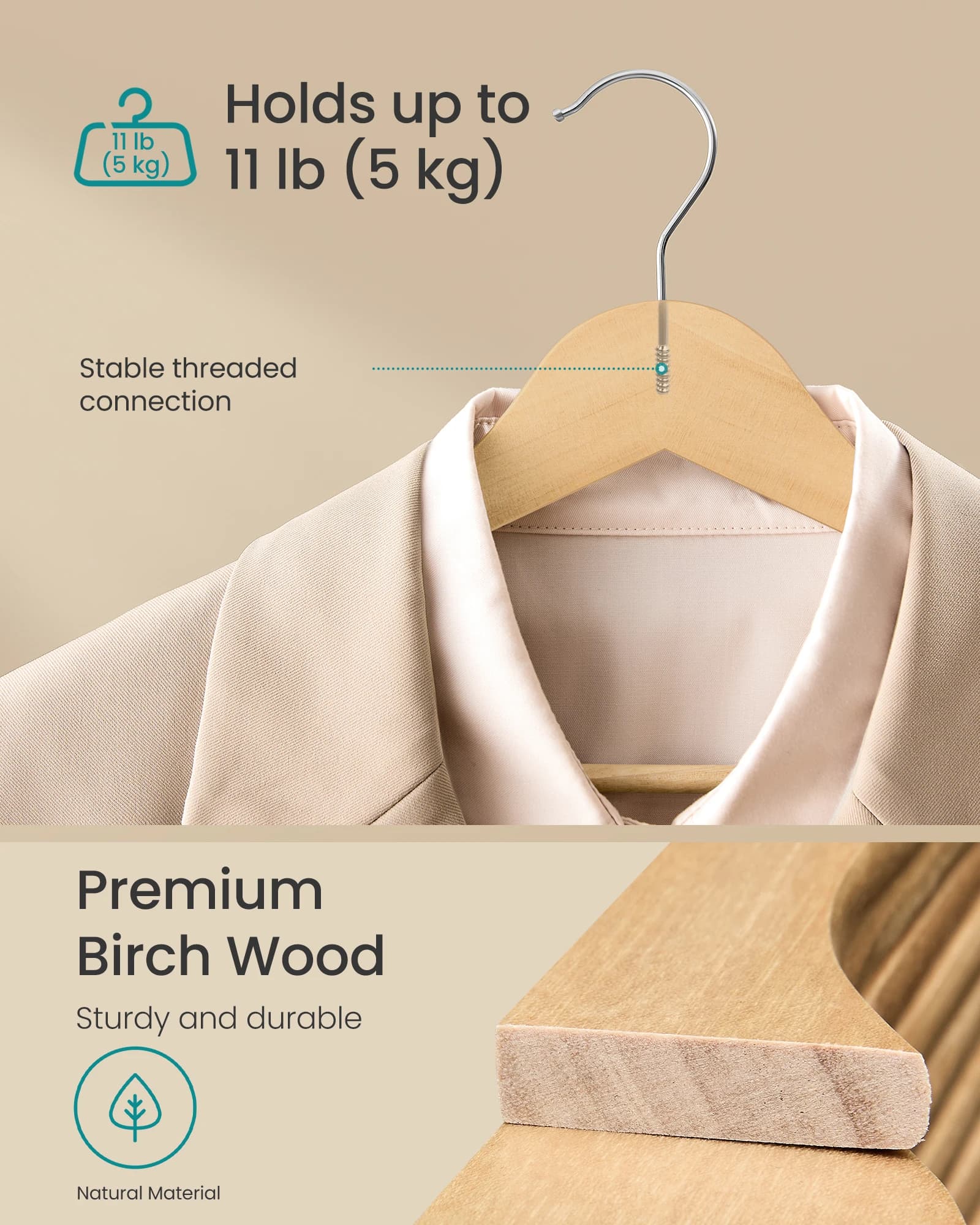 Wooden Hangers Pack of 30 Coat Hangers Pants Bar 360 Swivel New SONGMICS Hooks U — image 3