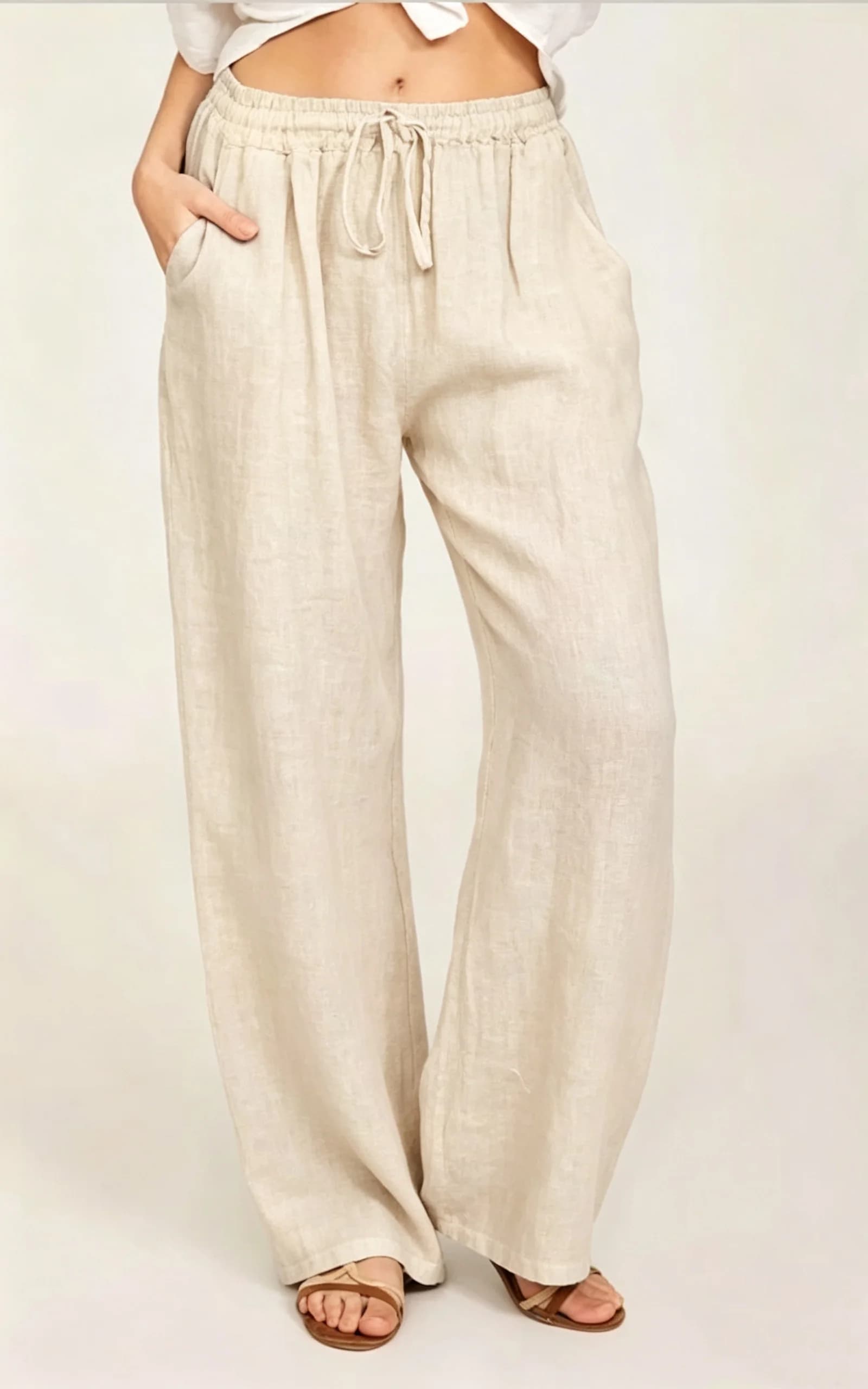 Women Cotton Linen Pants High Waist Wide-Leg Trousers Casual Summer Hemp — image 2