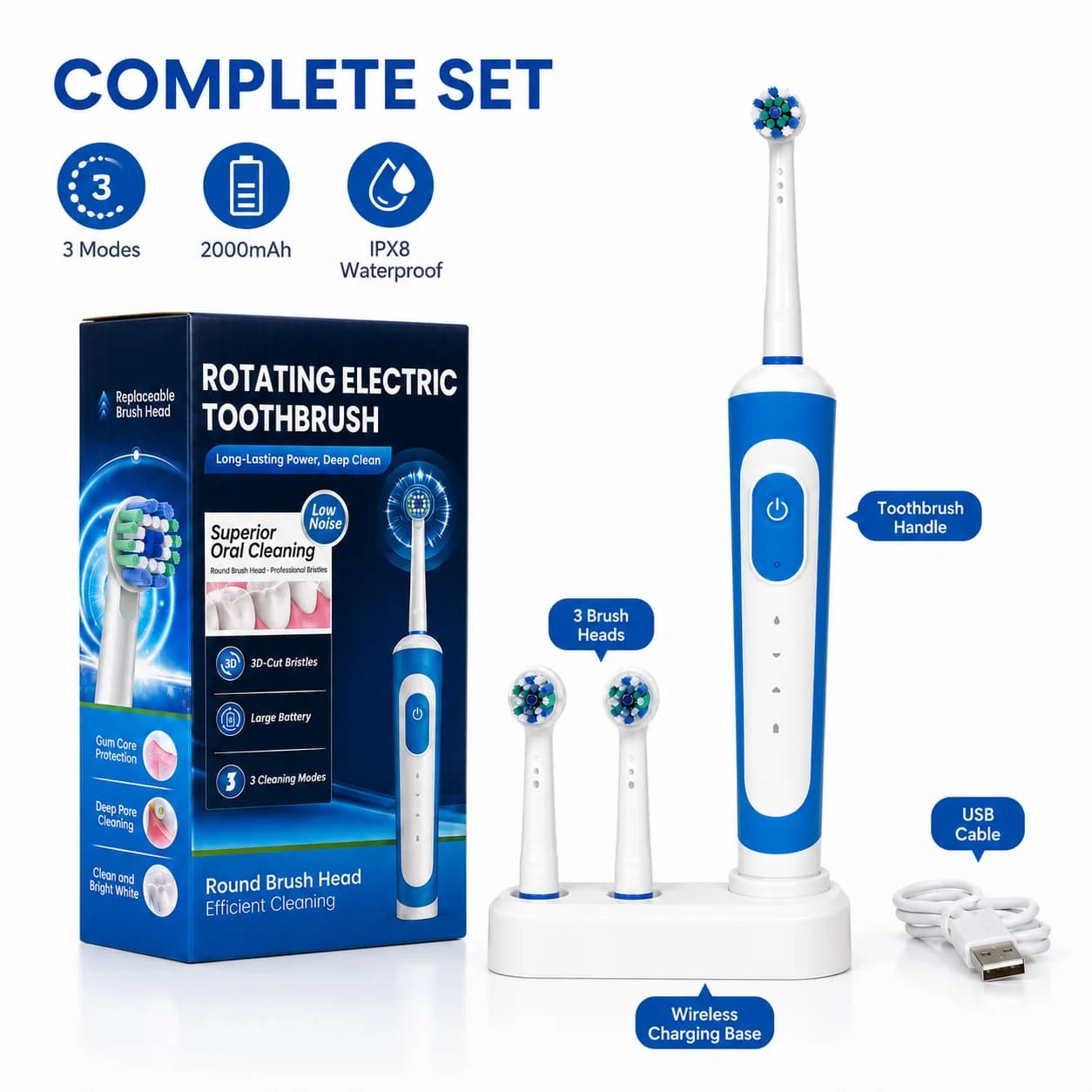 Rotary Electric Toothbrush for Adults 3 Modes IPX7 Waterproof — image 5
