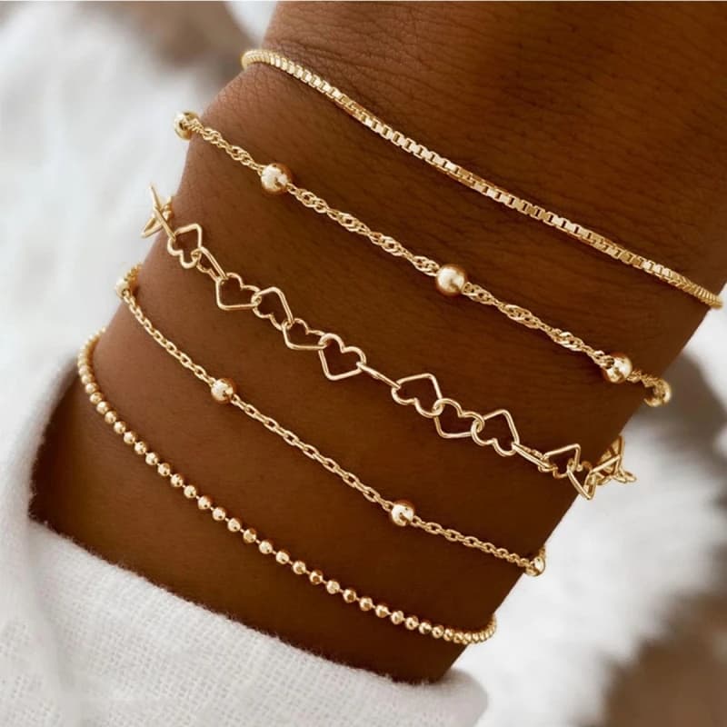 5 Pcs Heart Chain Bracelet Set Gold Silver Women's Daily Wear Jewellery — image 7