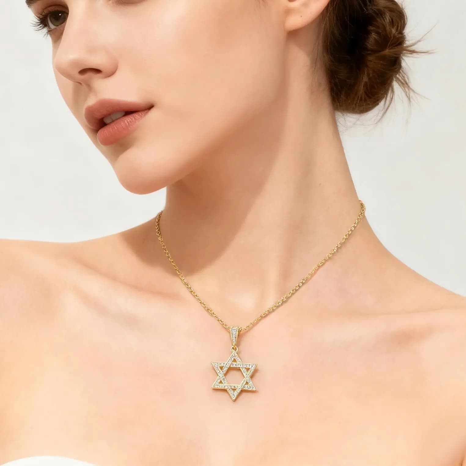 Zircon Hexagram Star of David Pendant Necklace Gold Silver Inlaid — image 2