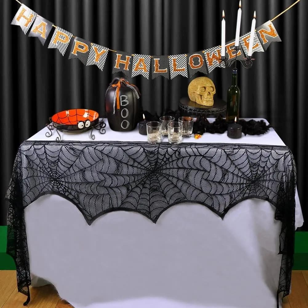 Halloween Decoration Black Lace Spiderweb Fireplace Mantle Scarf Cover — image 5