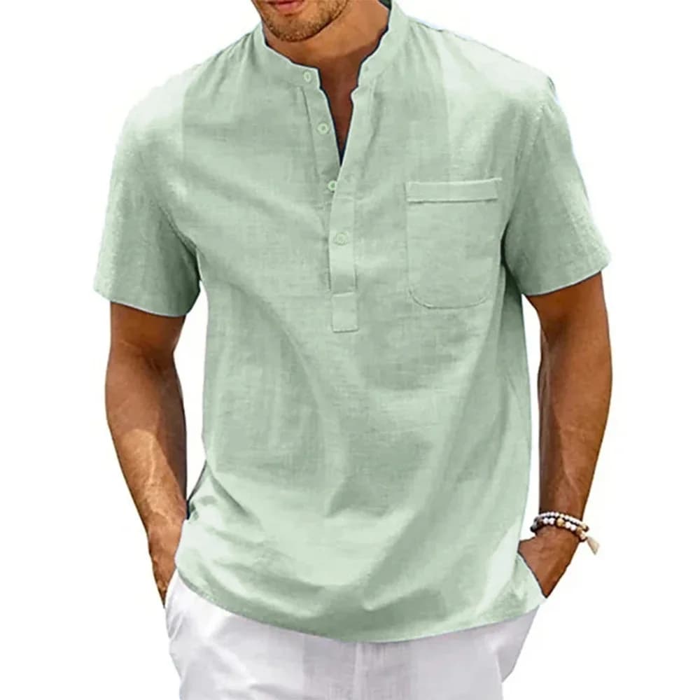 Men's Cotton Linen Henley Neck Shirt Pocket Casual Beach Short Sleeve Solid UK — image 5