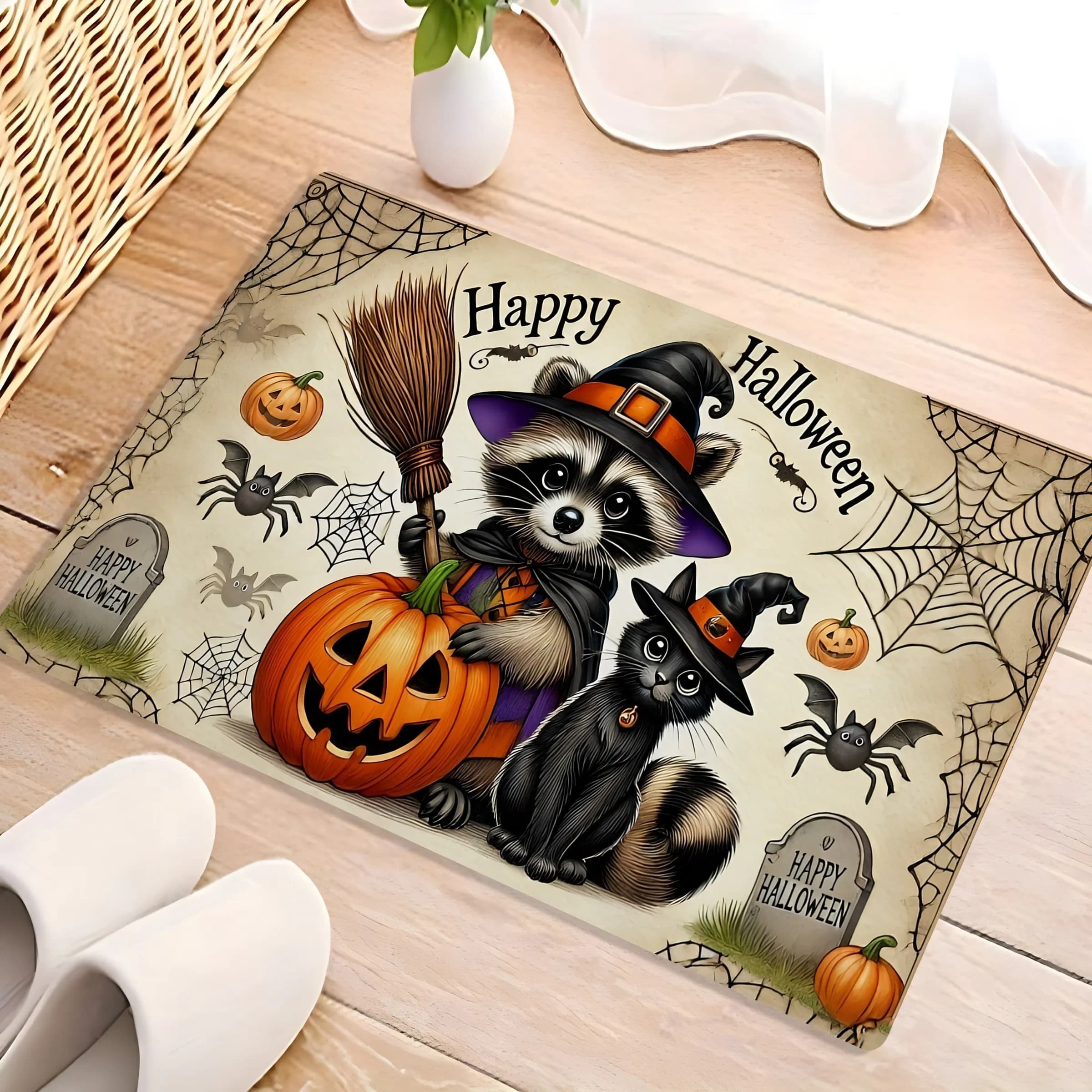 Cute Halloween Flannel Floor Mat Machine Washable Raccoon Witch Cat — image 4
