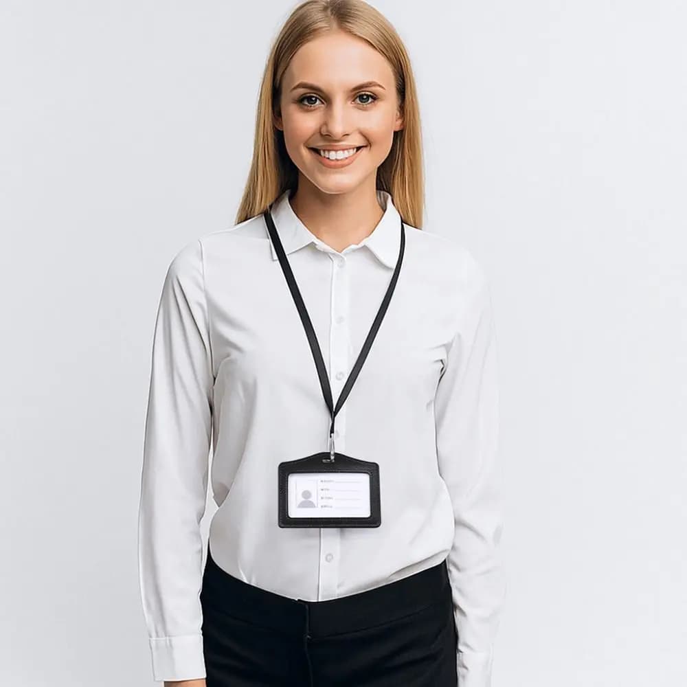 Leather ID Card Holder With Neck Lanyard Badge Work New High Quality Genuine New — image 2
