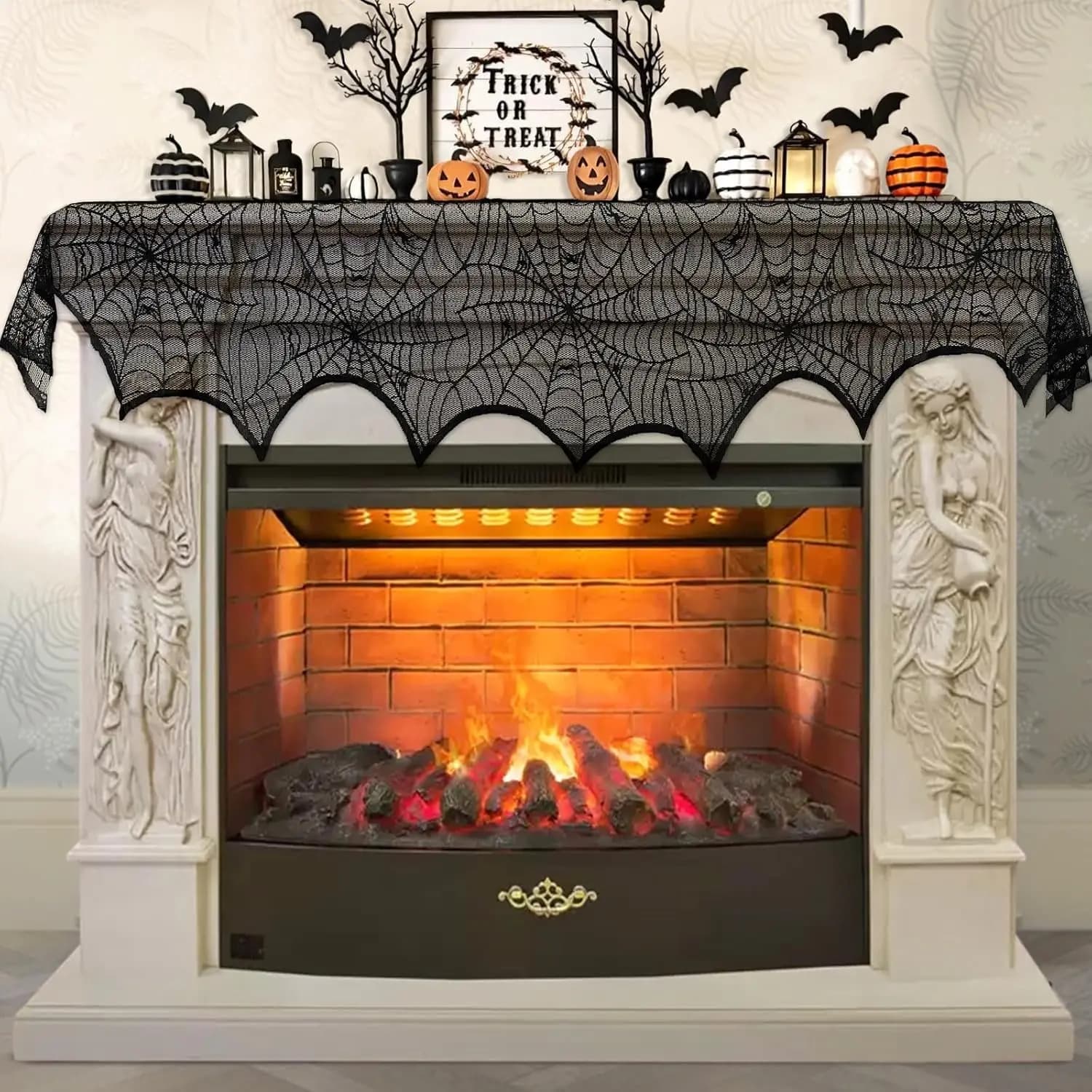 Halloween Decoration Black Lace Spiderweb Fireplace Mantle Scarf Cover — image 3