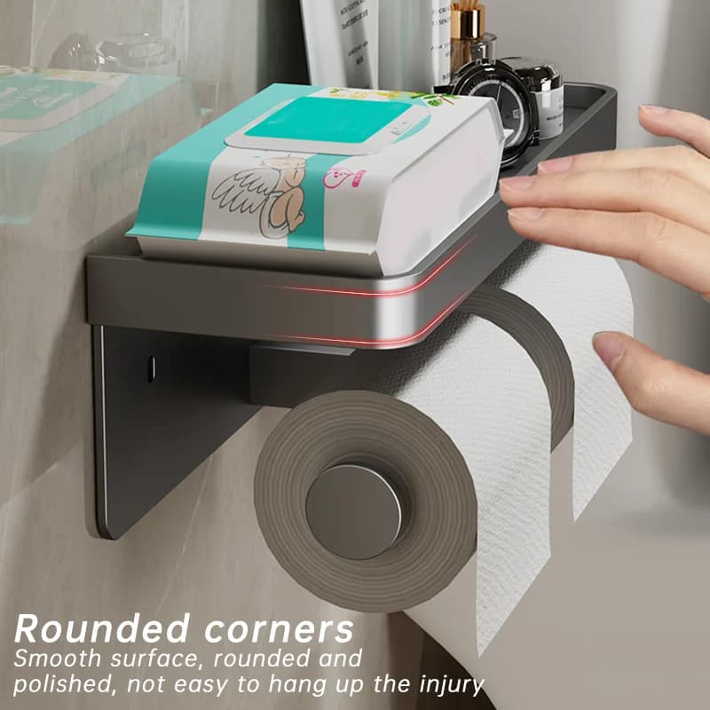 Wall Mounted Toilet Paper Holder Aluminium Alloy Bathroom Roll Shelf with Phone Shelf — image 4