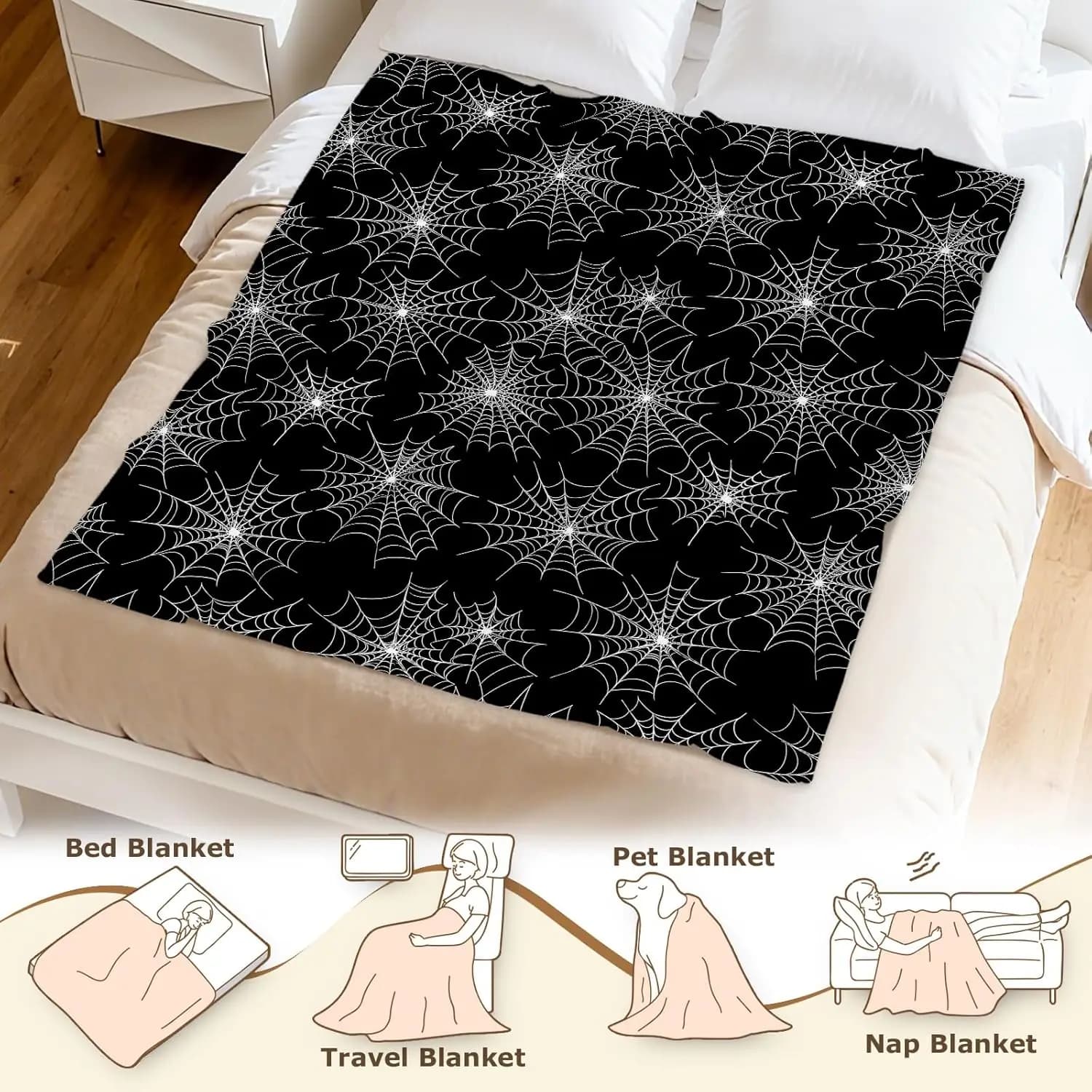 Spiderweb Pattern Throw Black White Gothic Halloween Bedding — image 3