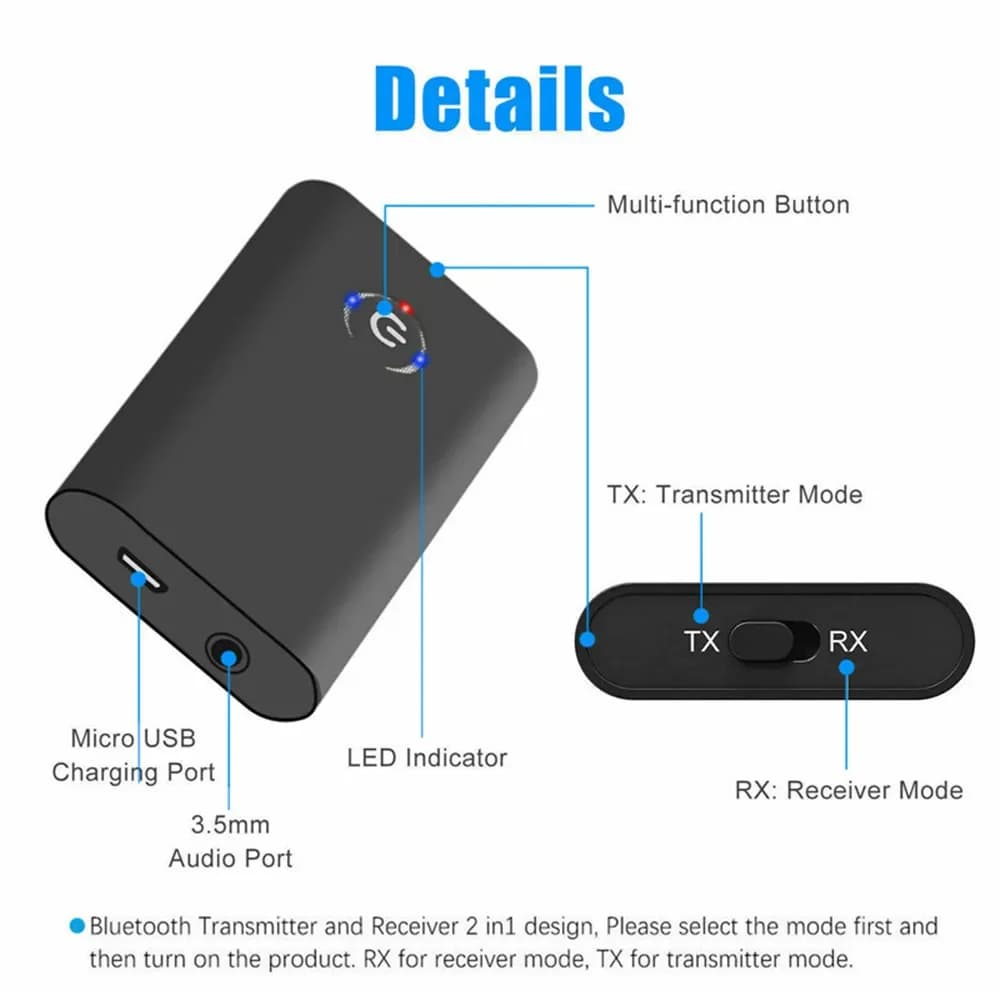 Bluetooth 5.0 Transmitter Receiver 3.5mm AUX Wireless Audio Adapter Rechargeable — image 4