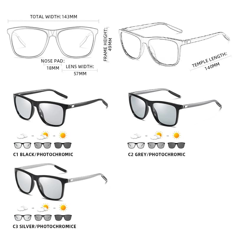 Photochromic Transition Glasses for Men & Women, Black Square Frame Sunglasses — image 5