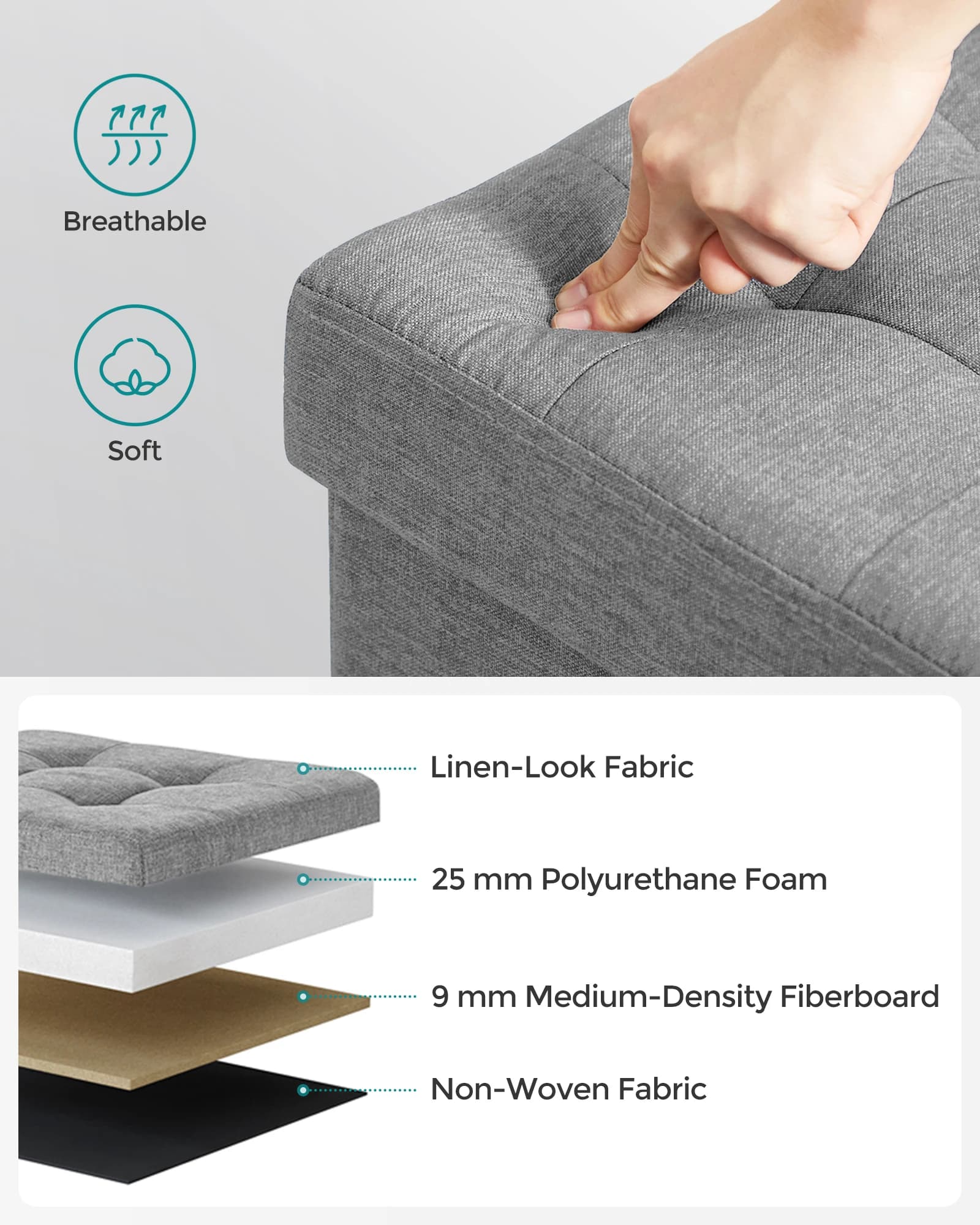 Storage Ottoman Padded Foldable Bench Chest Lid 40L Capacity 300kg SONGMICS with — image 3
