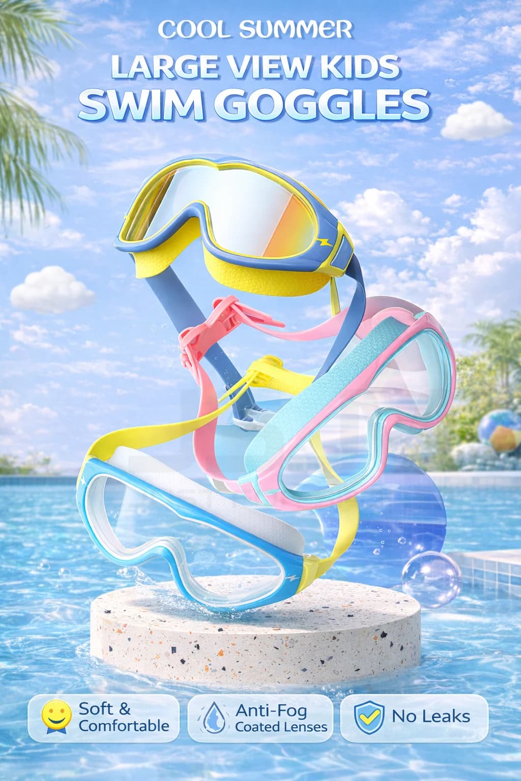 Kids Swimming Goggles Anti-Fog Wide View Big Frame for Boys Girls Ages 3-15 — image 3