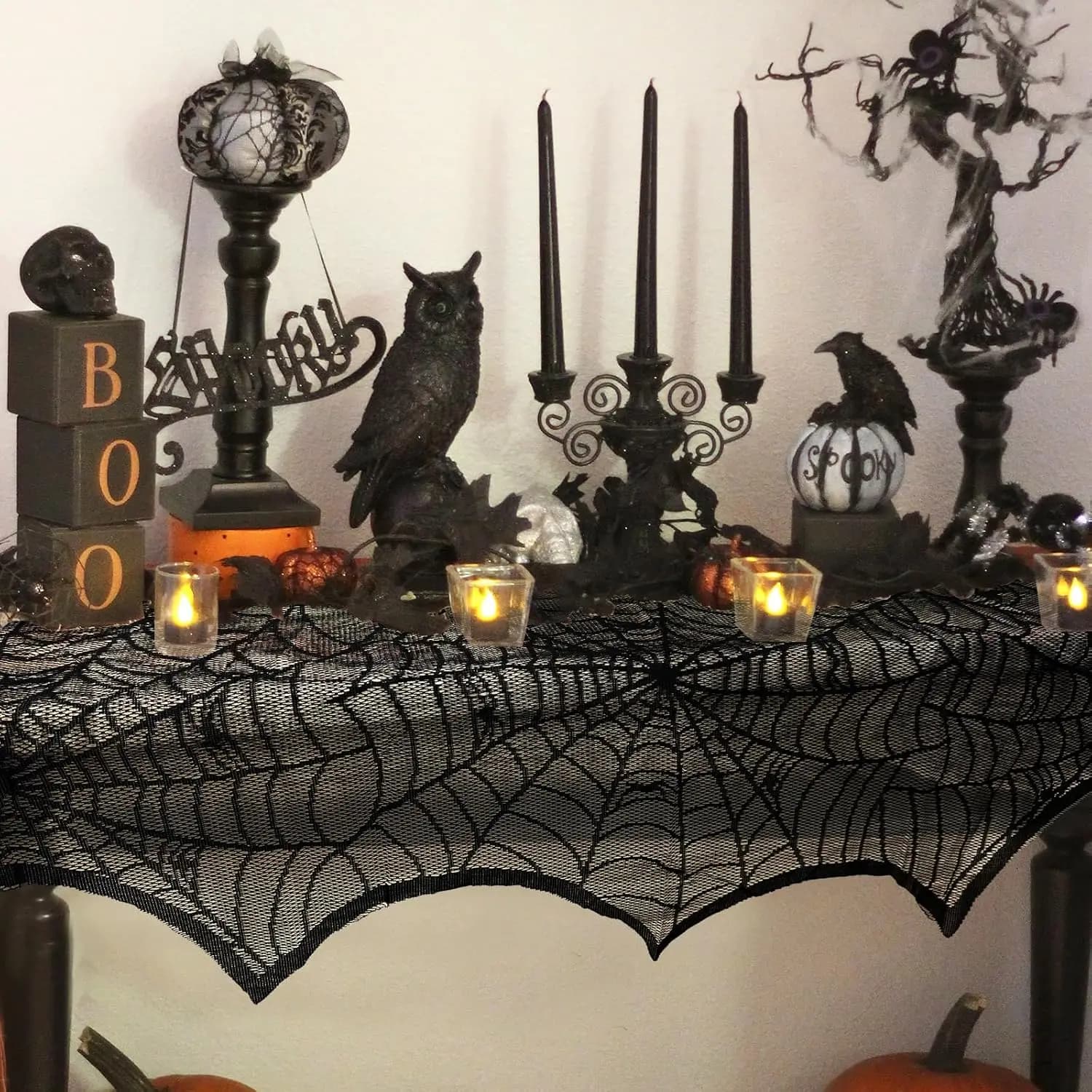 Halloween Decoration Black Lace Spiderweb Fireplace Mantle Scarf Cover — image 4