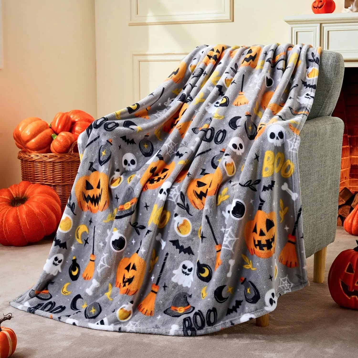 Halloween Throw Blanket Black Bat Pumpkin Ghost Skull Print Soft Lightweight — image 7
