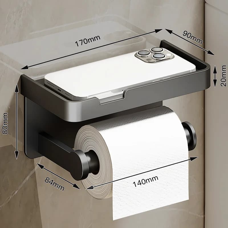Wall Mounted Toilet Paper Holder Aluminium Alloy Bathroom Roll Shelf with Phone Shelf — image 14