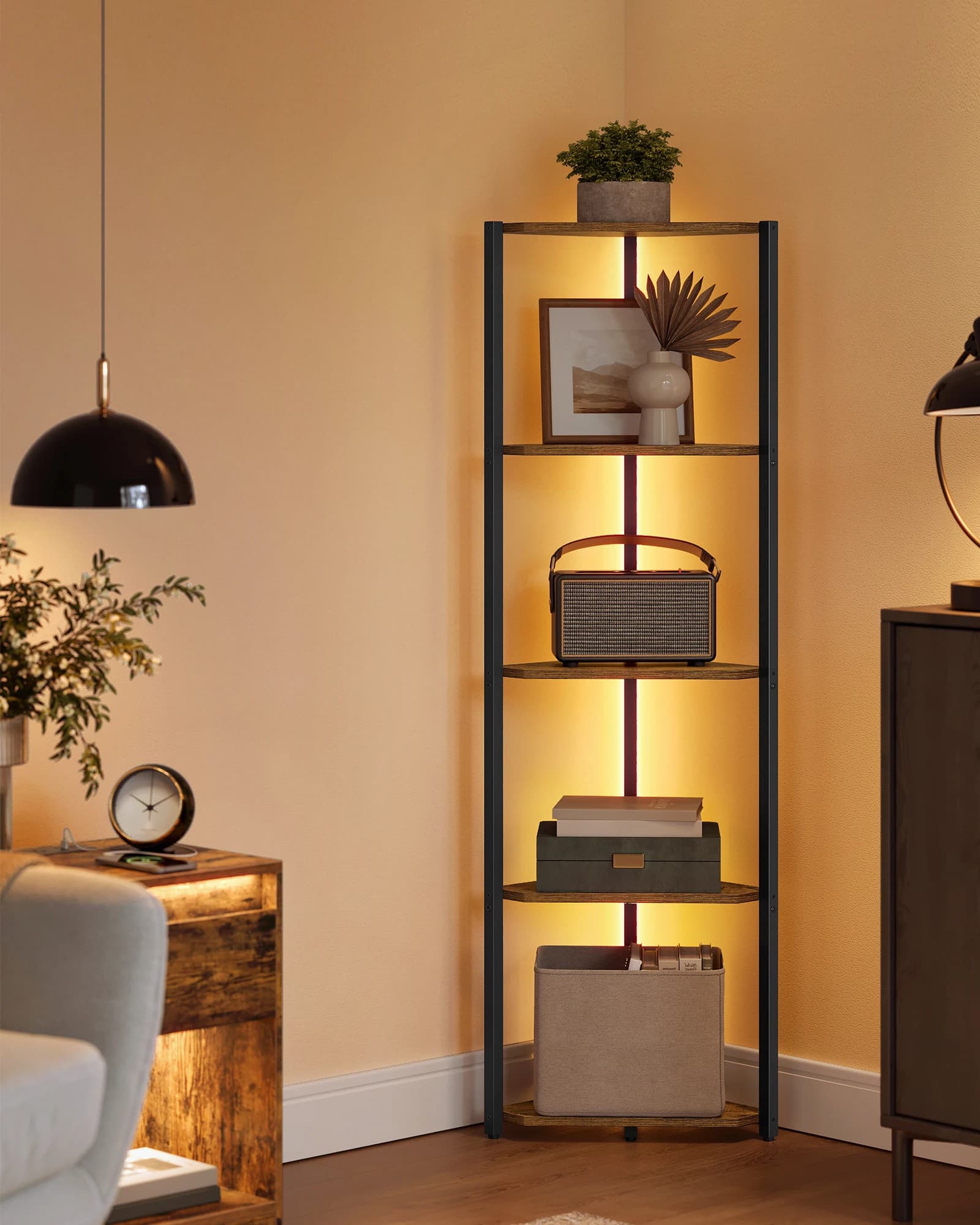 5-Tier Corner Shelf Bookcase LED Lights Storage Steel Frame New VASAGLE with New