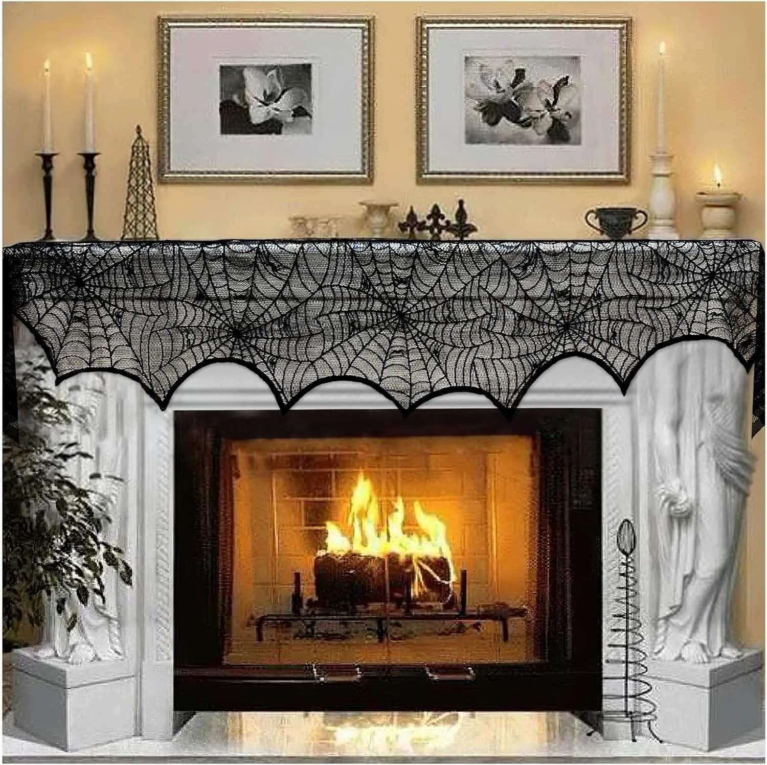 Halloween Decoration Black Lace Spiderweb Fireplace Mantle Scarf Cover — image 8