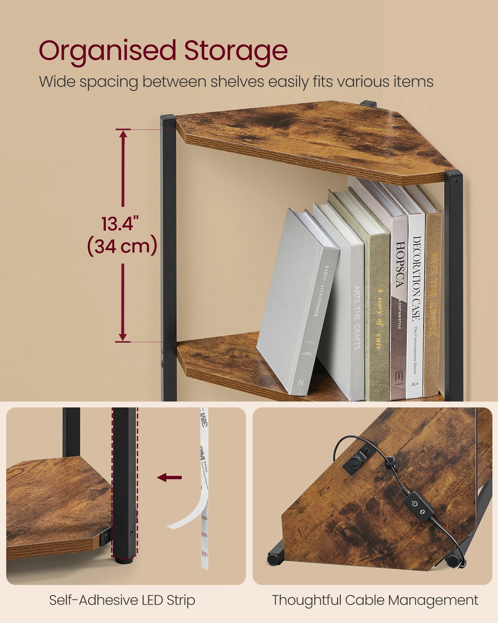 5-Tier Corner Shelf Bookcase LED Lights Storage Steel Frame New VASAGLE with New — image 3