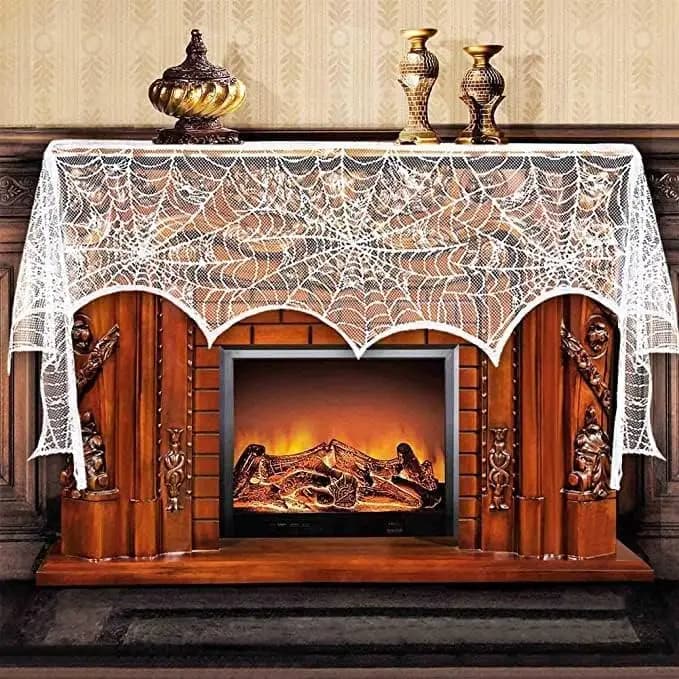 Halloween Decoration Black Lace Spiderweb Fireplace Mantle Scarf Cover — image 7
