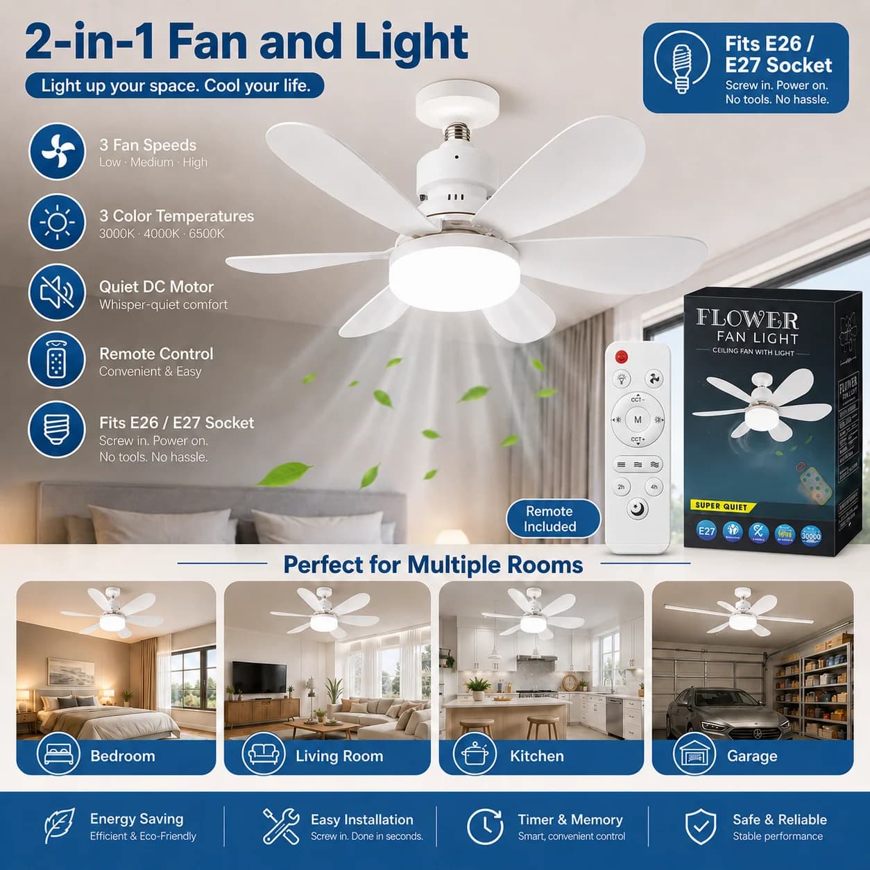 E27 LED Ceiling Fan Light Remote 3 Color Dimmable Rotatable New with Lamp Base U — image 3