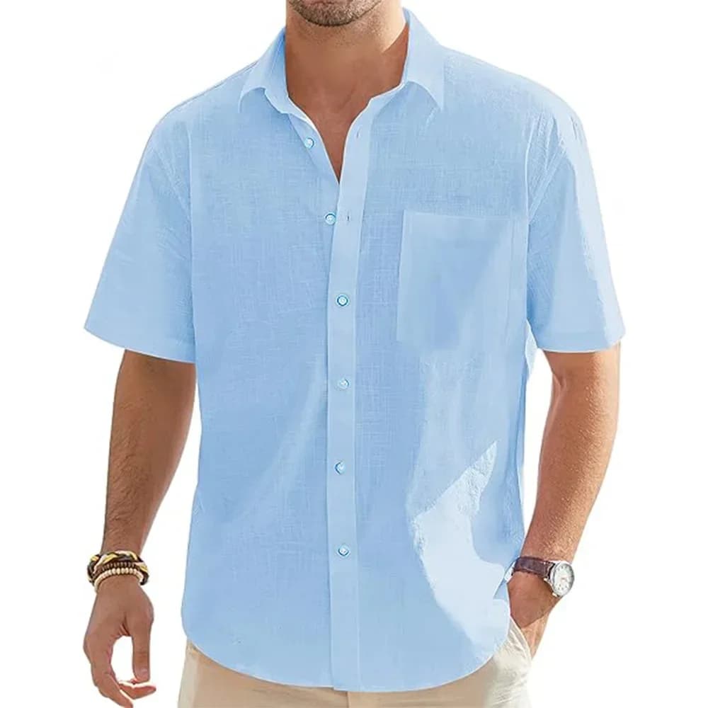 Men's Cotton Linen Short Sleeve Shirt Summer Beach Casual Button Top Solid — image 5