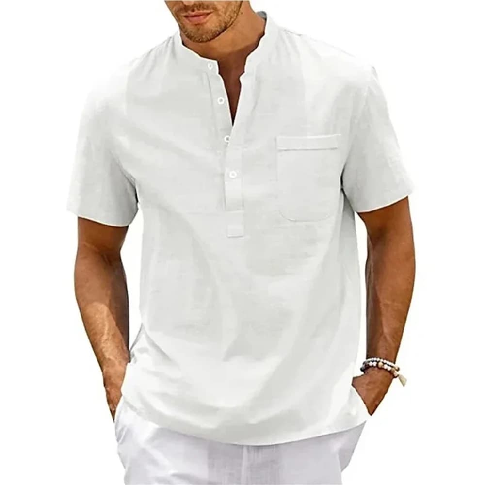 Men's Cotton Linen Henley Neck Shirt Pocket Casual Beach Short Sleeve Solid UK — image 9