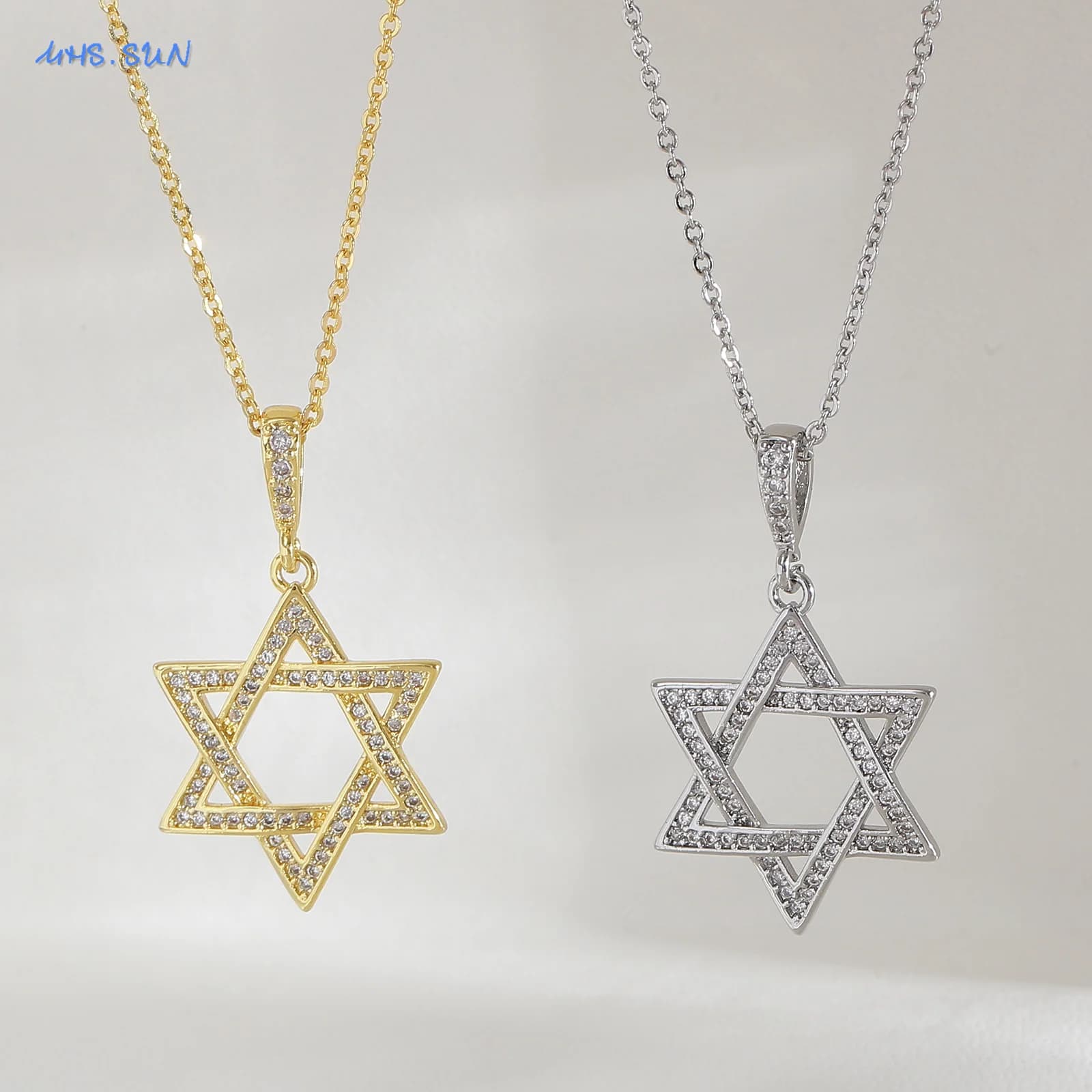 Zircon Hexagram Star of David Pendant Necklace Gold Silver Inlaid — image 5