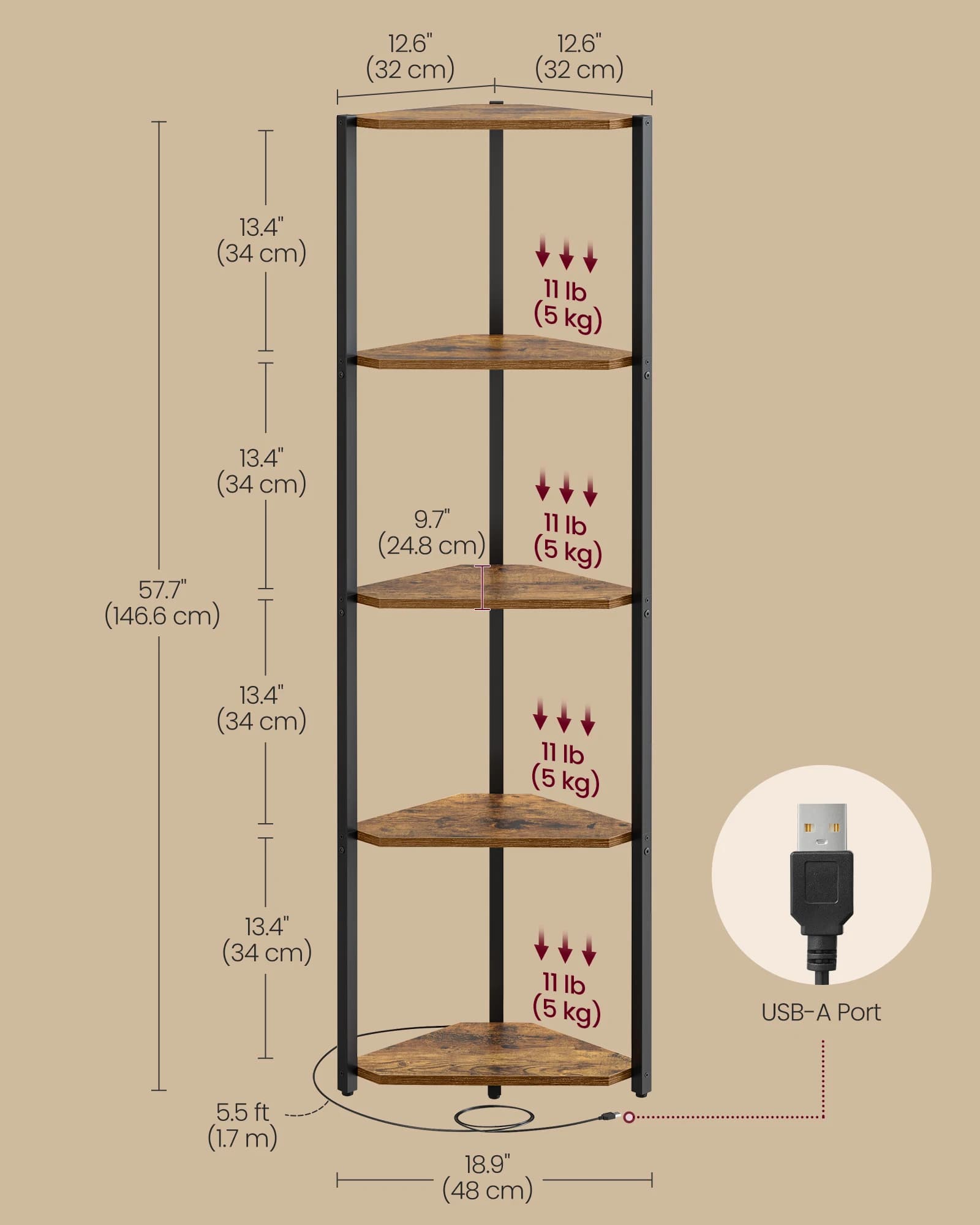 5-Tier Corner Shelf Bookcase LED Lights Storage Steel Frame New VASAGLE with New — image 6